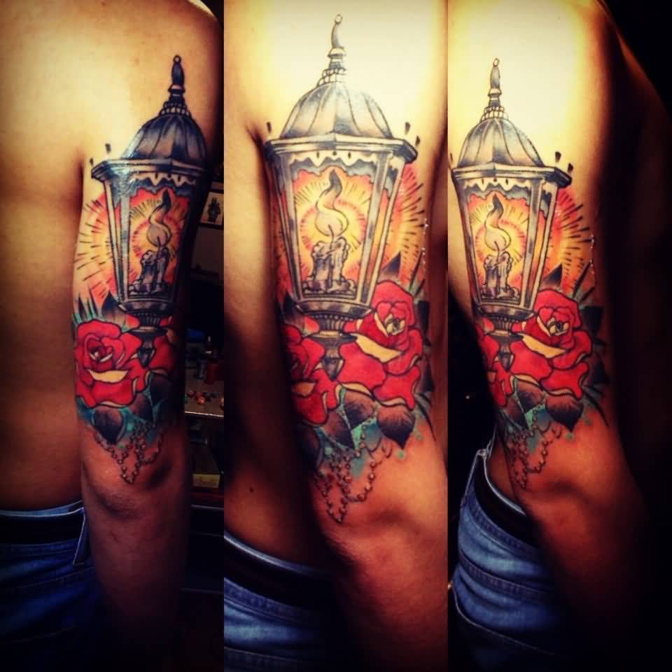 Nice Candle Lantern With Rose Tattoo On Triceps