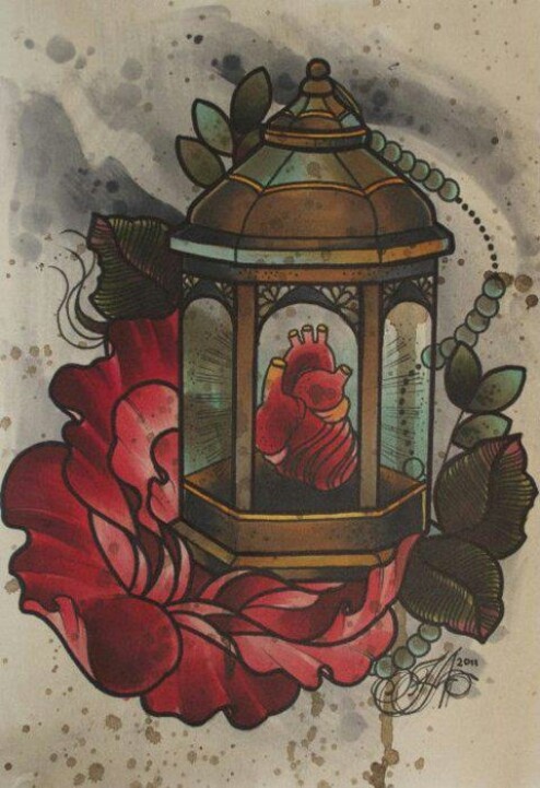 Nice Heart Lantern With Flower Tattoo Design