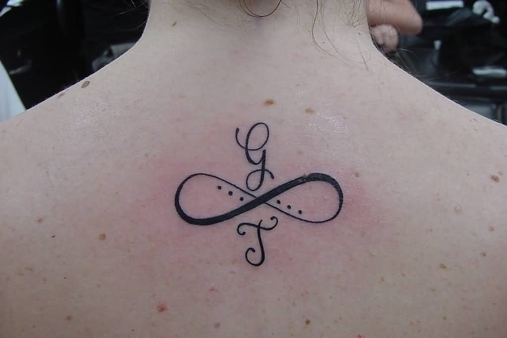 Nice Infinity With Letters Tattoo On Upper Back