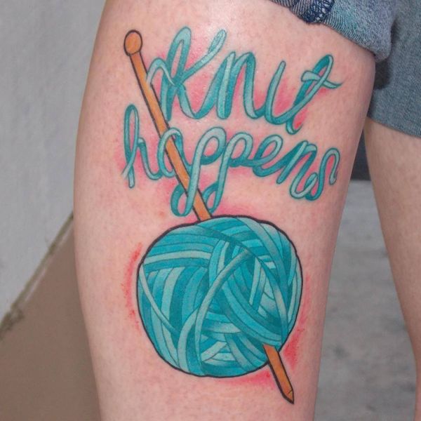 Nice Knit Happens Tattoo On Thigh