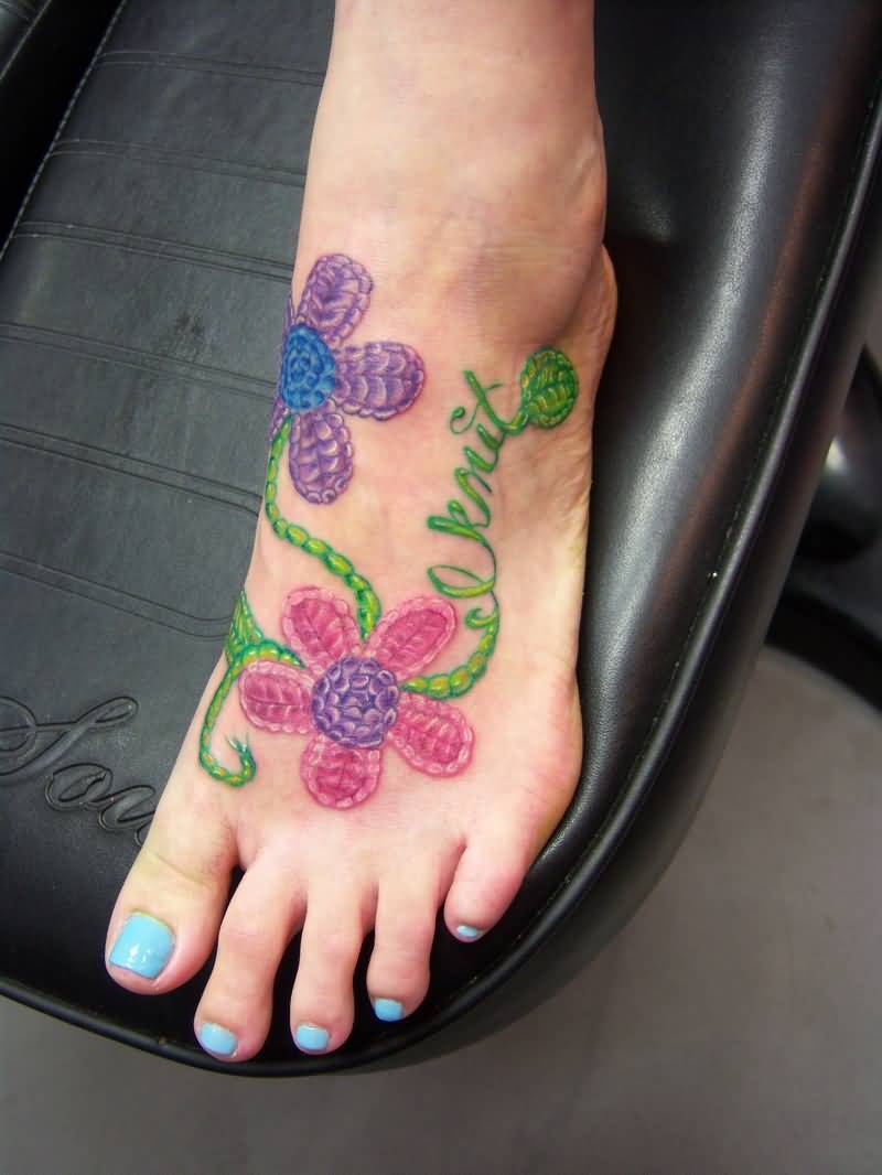 Nice Knitted Flowers Tattoo On Foot For Girls