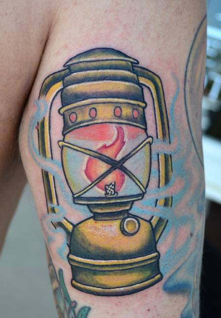 Nice Lantern With Smoke Tattoo On Leg