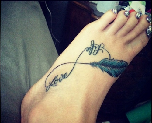 Nice Love Life Infinity Feather Tattoo On Foot For Girls