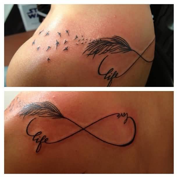 Nice Love Life Infinity With Birds Tattoo On Back Shoulder