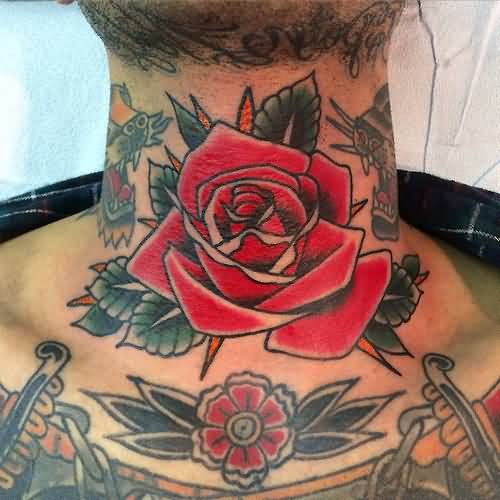 Nice Old School Rose Tattoo On Neck