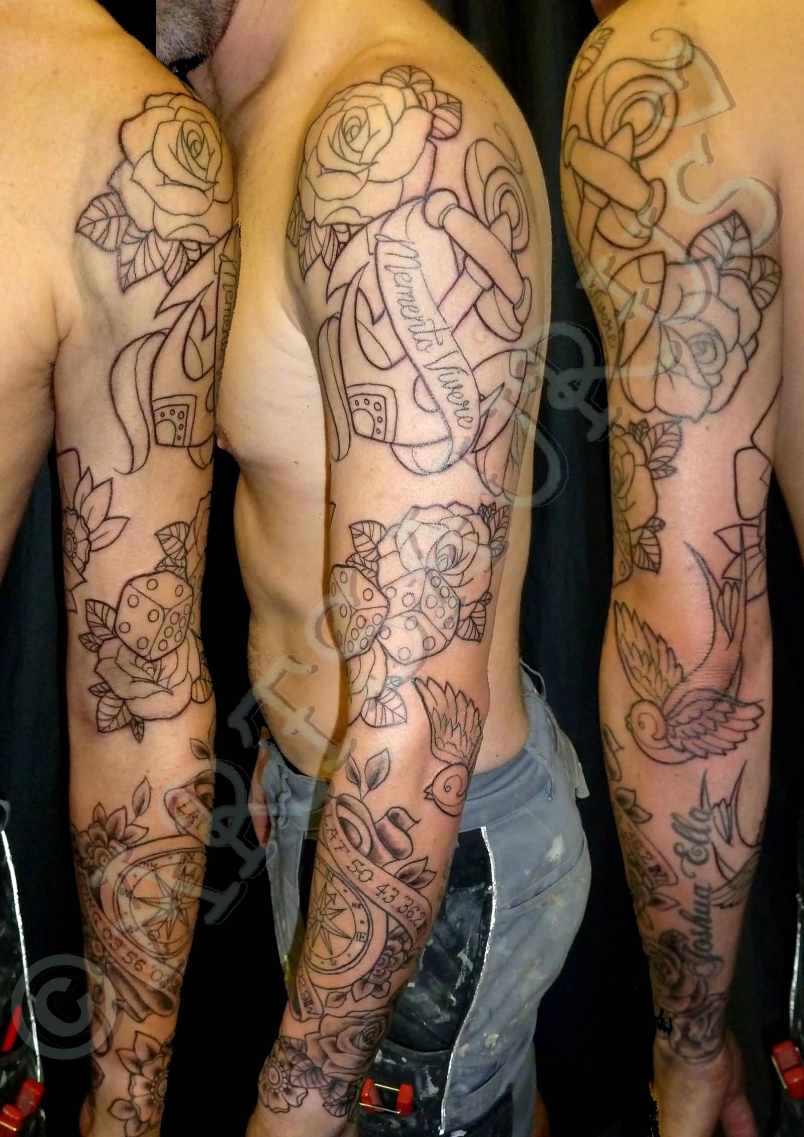 Nice Old School Tattoo On Left Full Sleeve For Men