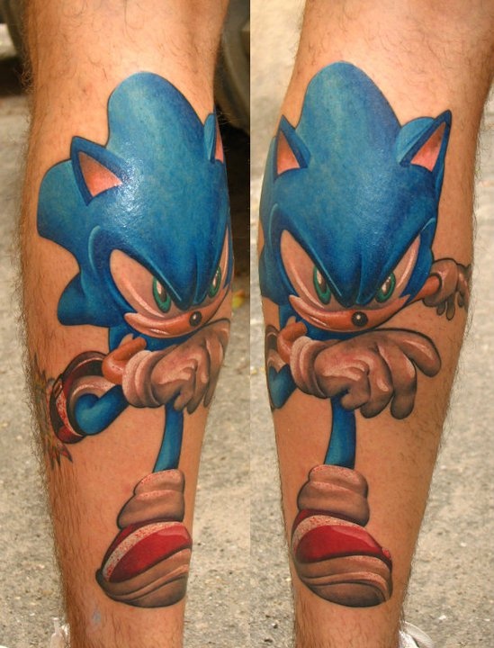 Nice Running Sonic Tattoo On Back Leg