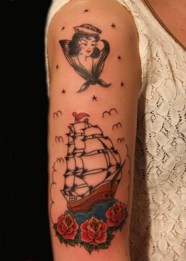 Nice Sailor Girl With Seaship Old School Tattoo On Right Half Sleeve