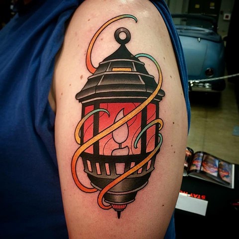 Nice Traditional Lantern Tattoo On Left Shoulder By Dave Wah