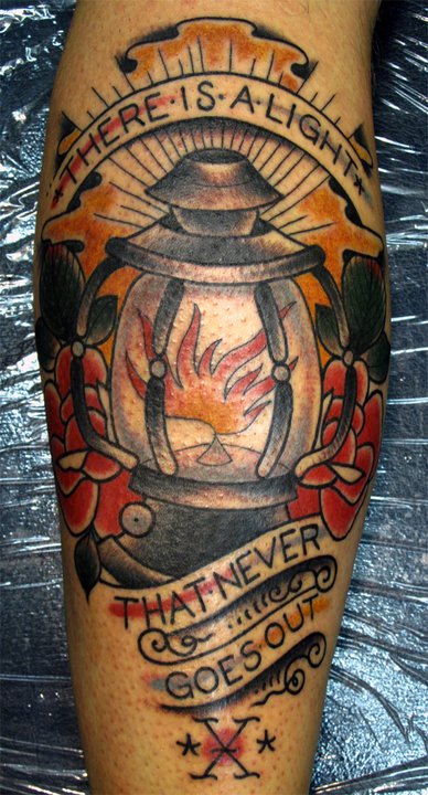 Nice Traditional Lantern With Banner Tattoo On Arm