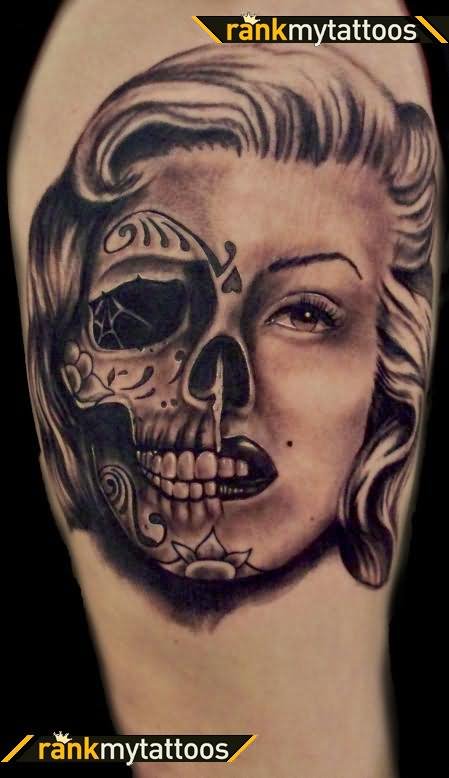 Nice Two Face Marilyn Monroe Tattoo On Half Sleeve