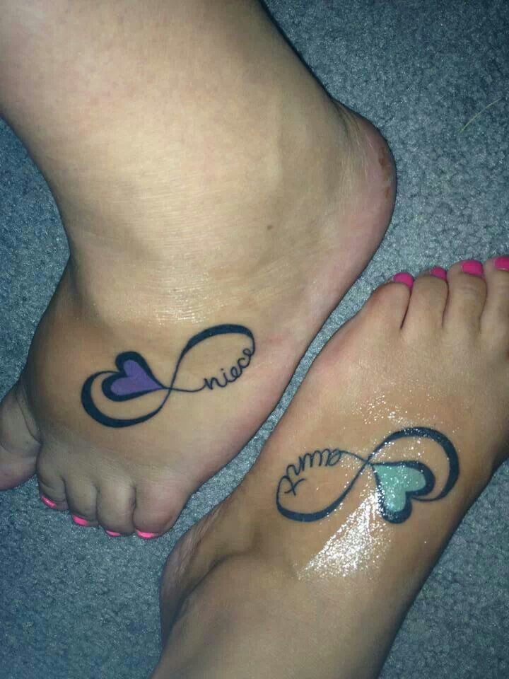Niece Aunt In Heart Infinity Symbol Tattoos On Foots