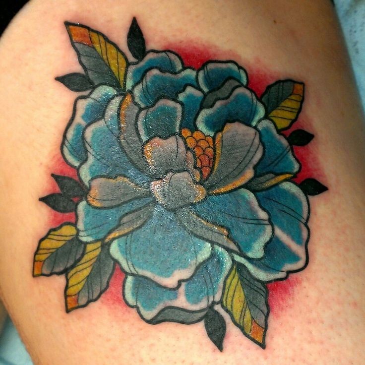 Old School Blue Peony Flower Tattoo