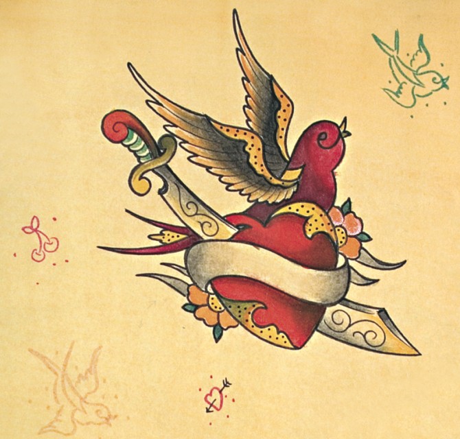 Old School Dagger Bird Tattoo Design