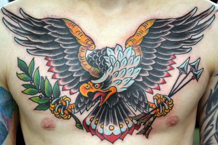 Old School Eagle Tattoo On Chest For Men
