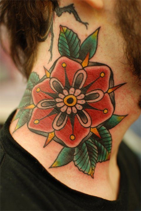 Old School Flower Tattoo On Side Neck By Lisnow