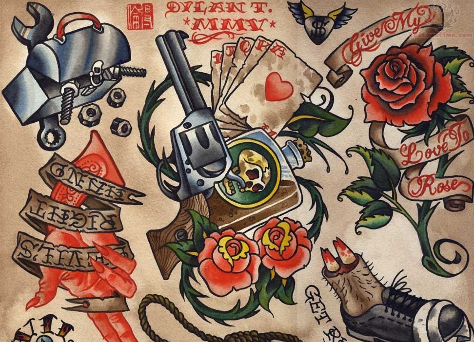 Old School Gun And Love Roses Tattoo Samples Set