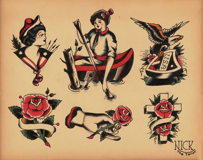 Old School Sailor And Roses Tattoos Sample Set