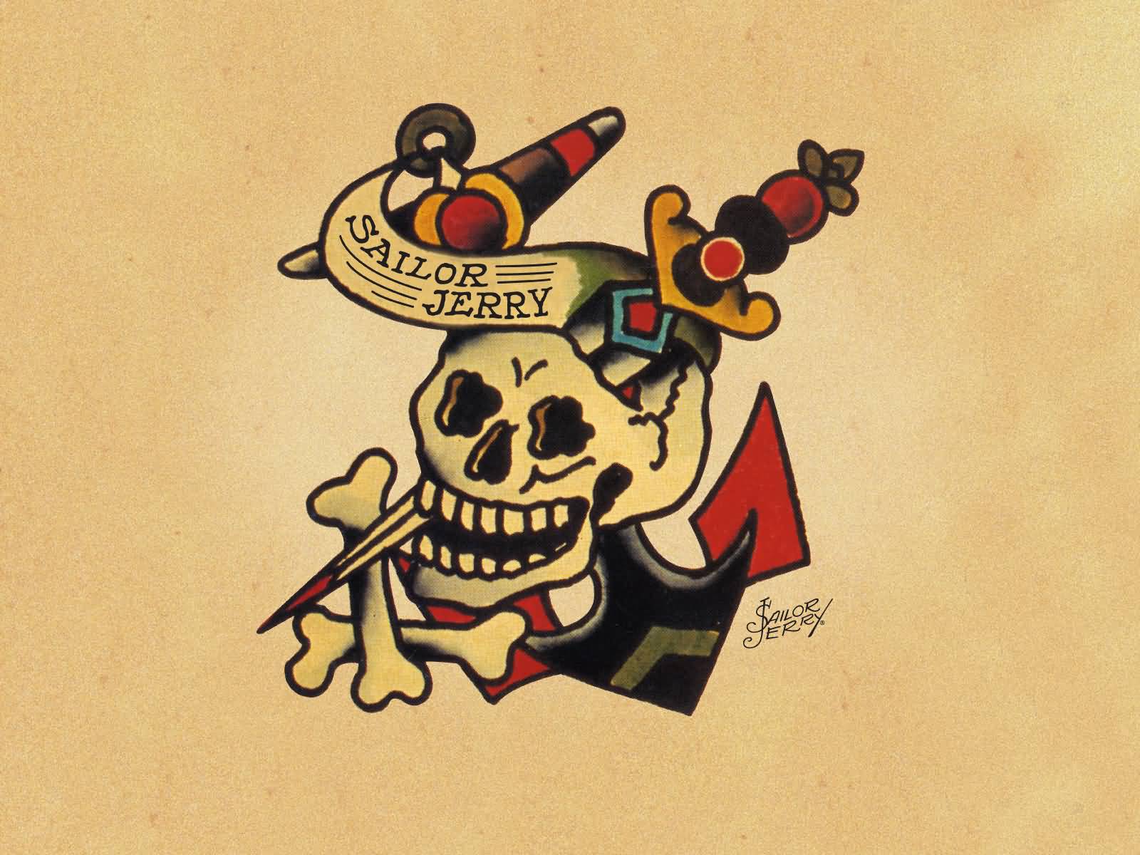 Old School Sailor Jerry Skull Tattoo Design