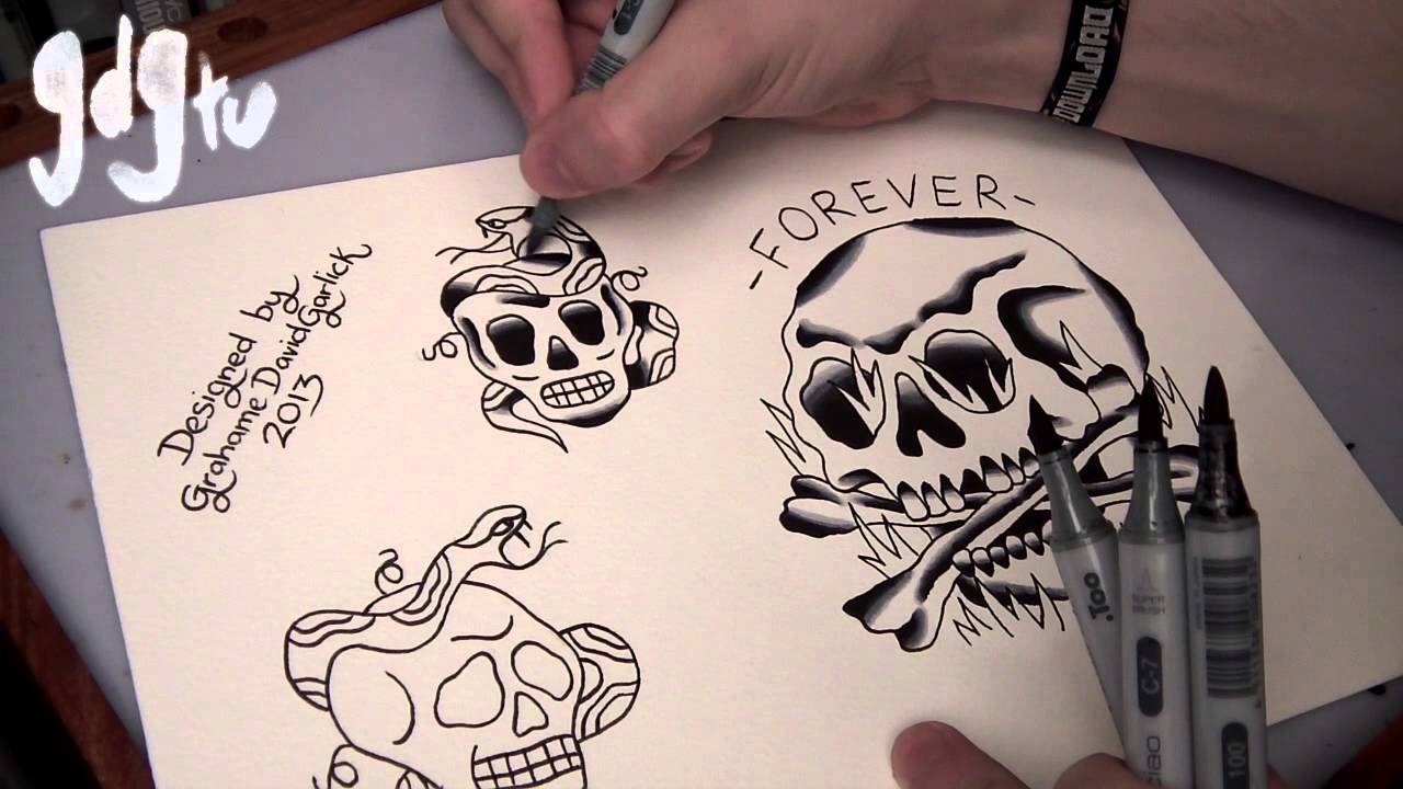 Old School Snake And Skulls Tattoo Sketch Set