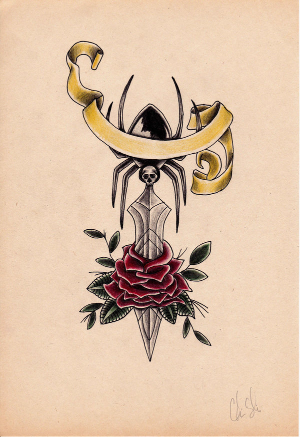Old School Spider Dagger Tattoo Design By Carolinesalinas