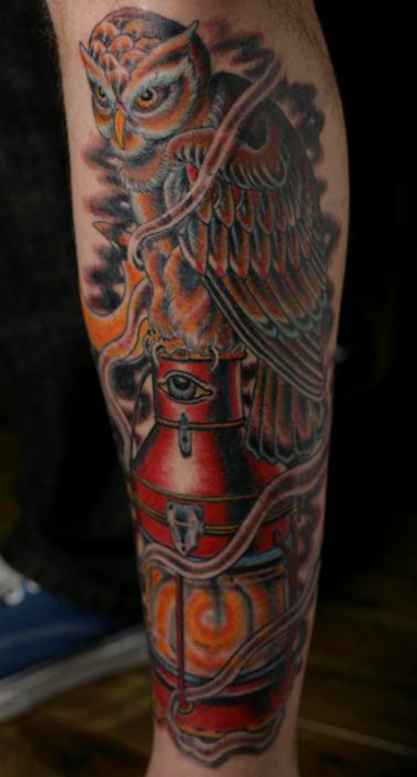 Owl On Eye Lantern Tattoo On Sleeve