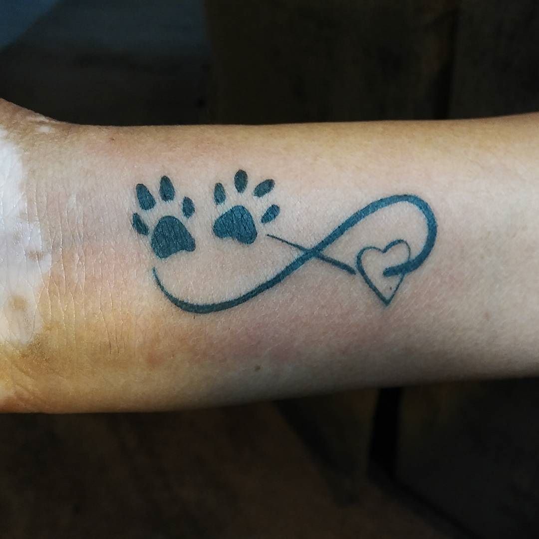 Paw Print With Infinity Heart Tattoo On Arm