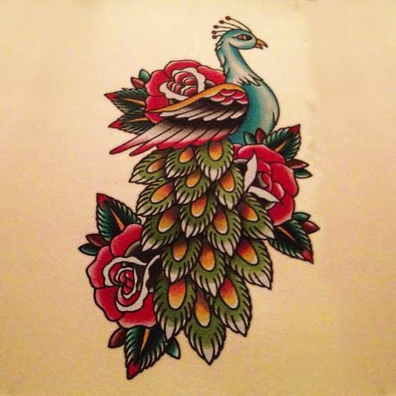Peacock Bird With Rose Flower Old School Tattoo Design