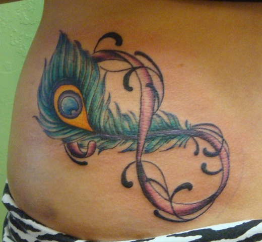 Peacock Feather And Infinity Symbol Tattoo On Hip