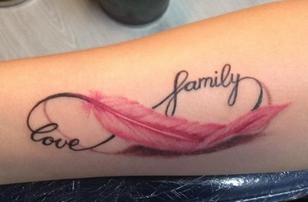 Pink Feather With Love Family Infinity Symbol Tattoo On Forearm
