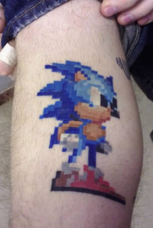 Pixelated Sonic 8 Bit Tattoo On Leg