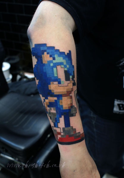 Pixelated Sonic Tattoo On Arm Sleeve By Chris Hatch