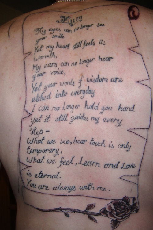 Poem In Long Scroll Tattoo On Full Back
