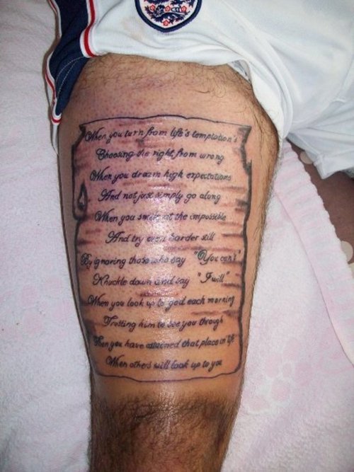 Poem On Page Tattoo On Right Thigh