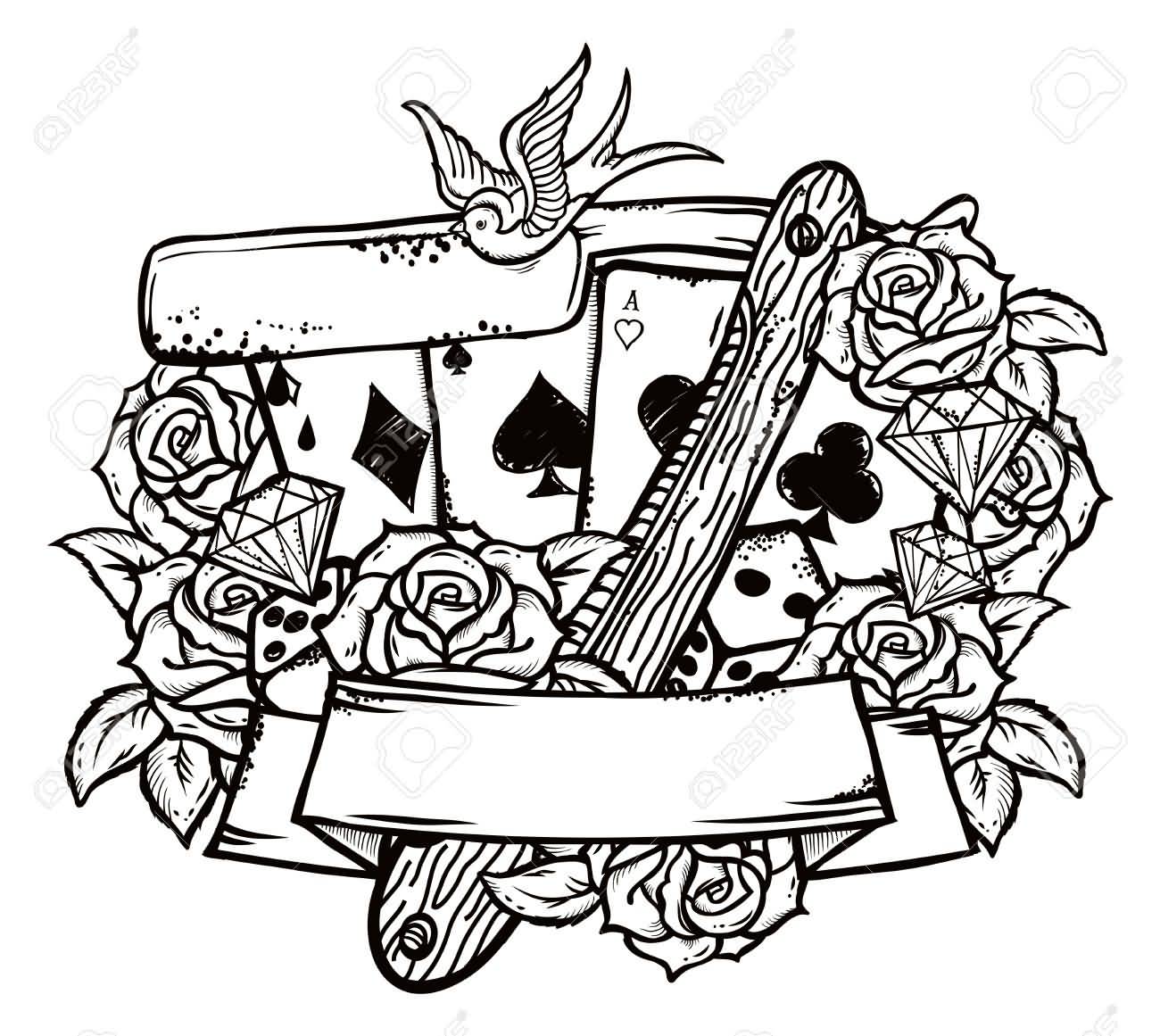 Rasor And Playing Cards With Banner Old School Tattoo Design