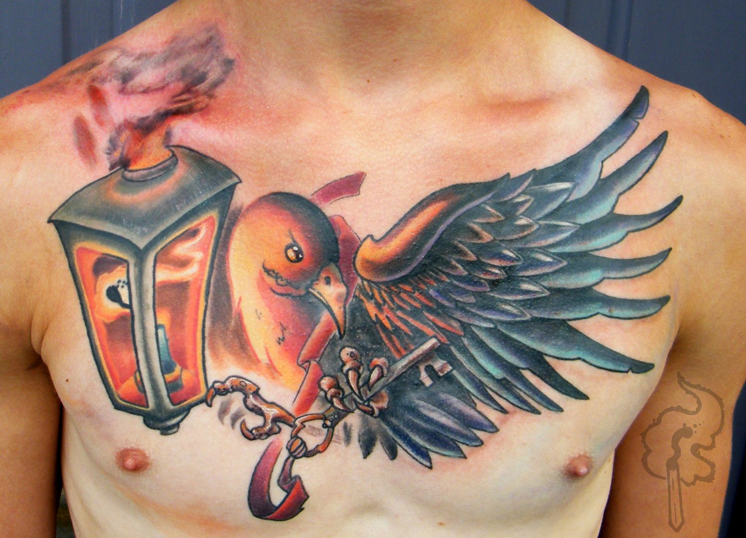 Raven And Lantern Chest Tattoo By Ben Reigle