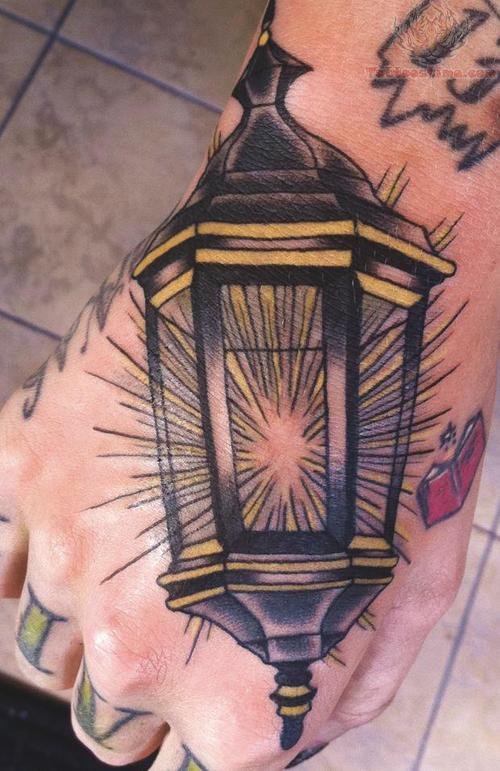 Rays Antique Lantern Tattoo On Hand
