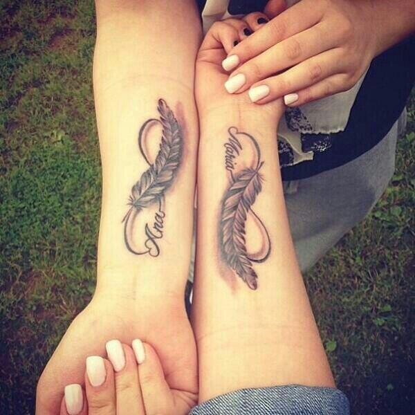 Realistic Feather And Sisters Infinity Symbol Tattoos On Forearms
