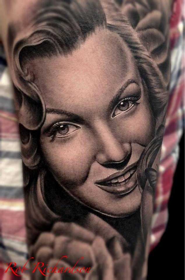 Realistic Marilyn Monroe Portrait Tattoo On Half Sleeve
