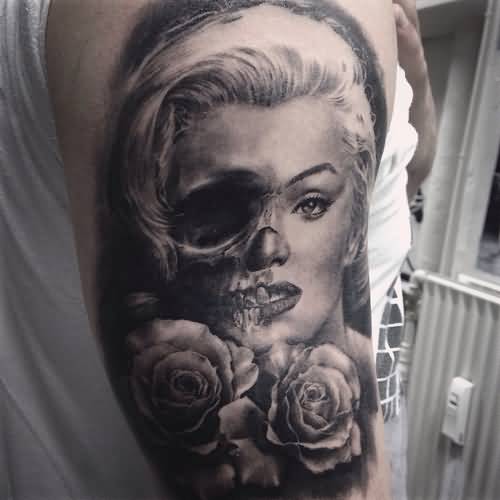 Realistic Marilyn Monroe Skull With Rose Tattoo On Right Half Sleeve