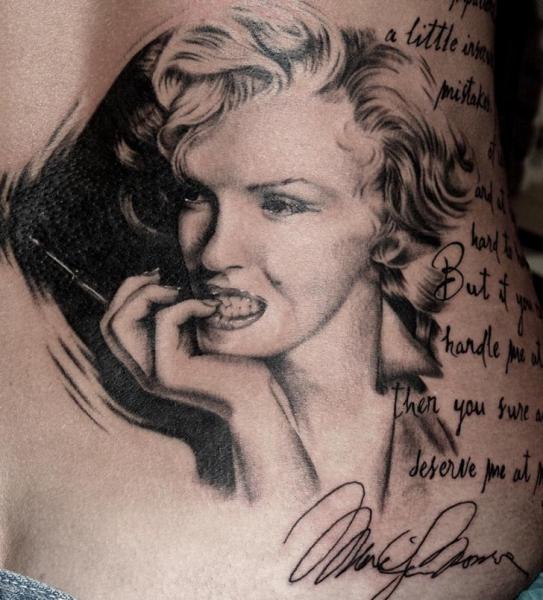 Realistic Marilyn Monroe With Lettering Tattoo