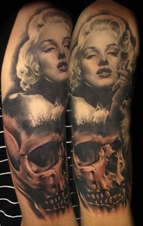 Realistic Marilyn Monroe With Skull Tattoo On Right Half Sleeve By Bhbettie