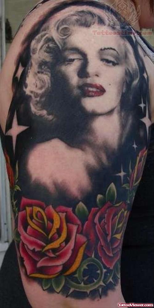 Realistic Marilyn Monroe With Traditional Flowers Tattoo On Right Half Sleeve