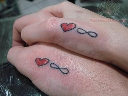 Red Heart And Infinity Symbol Tattoos On Hands