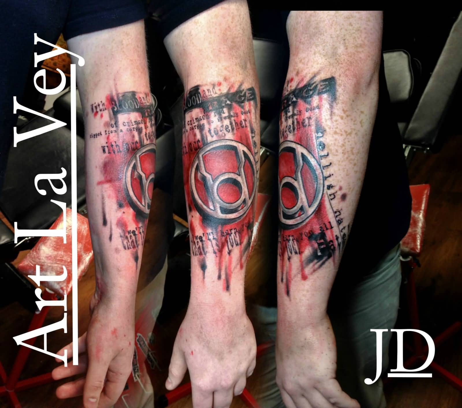 Red Lantern Logo Tattoo On Left Arm Sleeve By Dan JD Robson