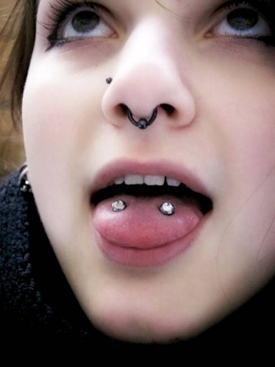 Right Nostril, Septum And Tongue Surface Piercing Picture For Girls