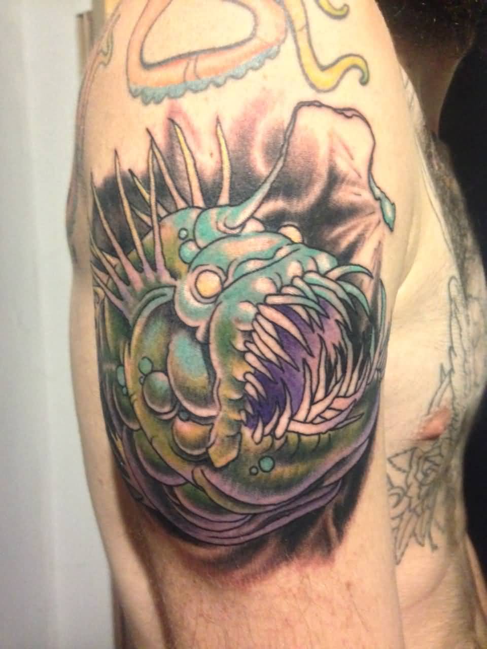 Scary Angler Fish Tattoo On Right Half Sleeve For Men