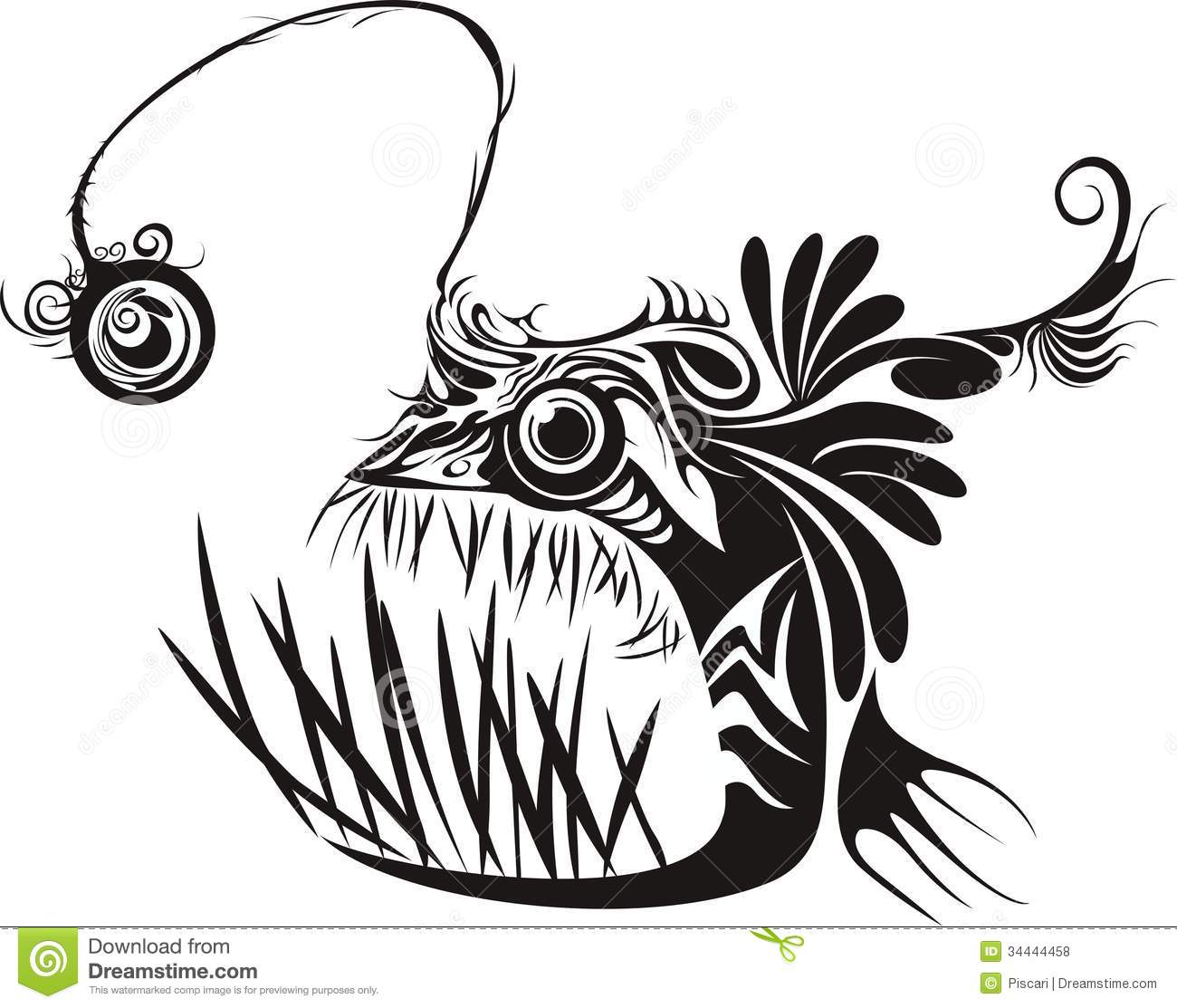 Scary Black And White Angler Fish Tattoo Design