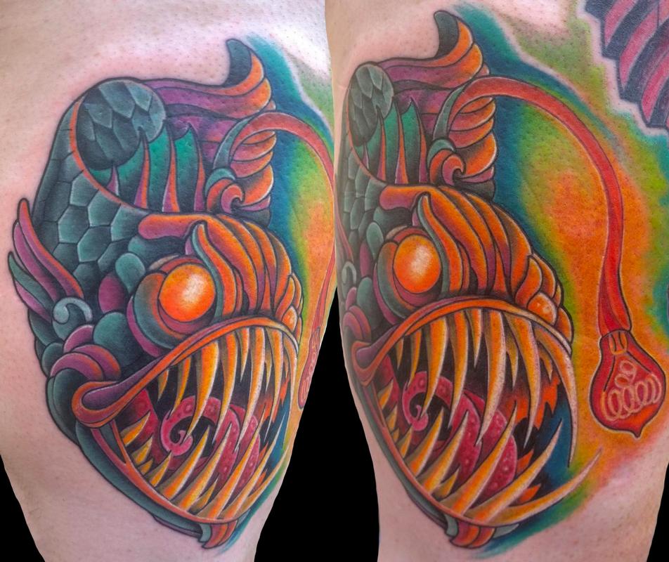 Scary Colorful Angler Fish Tattoo