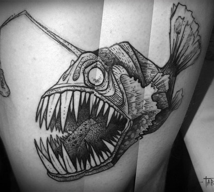Scary Grey Angler Fish Tattoo